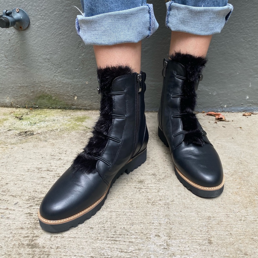 Black Boots with Fur and Button Accents